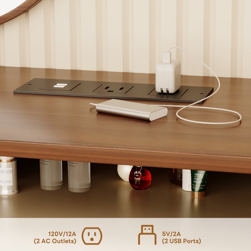 شاربدو طاولة تزيين عصرية لغرفة النوم بأبعاد 100 × 40 × 126 سم، مزودة بمقبسين كهربائيين بريطانيين ومنفذي USB، وطاولة مكياج مع مرآة بإضاءة LED ودرجين ورف. - Image 5